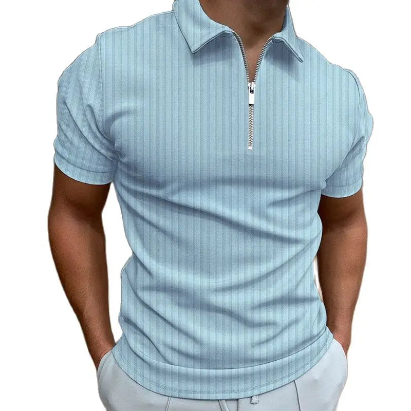 Men's Fashion Polo Shirts Summer Stripe Zipper Mens Polo Shirt Solid T-Shirt Brand Short-Sleeved Shirt Casual Slim Tops