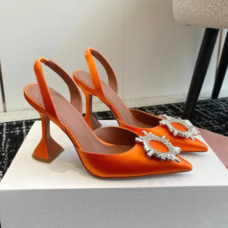 2024 Bow Rhinestone High Heels Sunflower Silk Pointed Party Sandals For Women Wedding Shoes