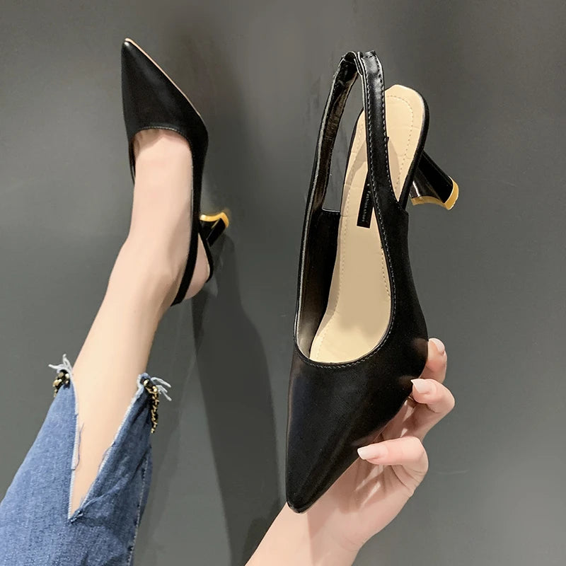 Summer Fashion New Pointed Toe Stiletto Heel Shallow Mouth Breathable PU Comfortable and Elegant Women's Shoes Sexy Sandals