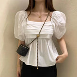 Elegant Square Neck Summer White Blouse Fashion Women New Puff Short Sleeve Simple Shirt Ladies Casual Pleated Short Tops