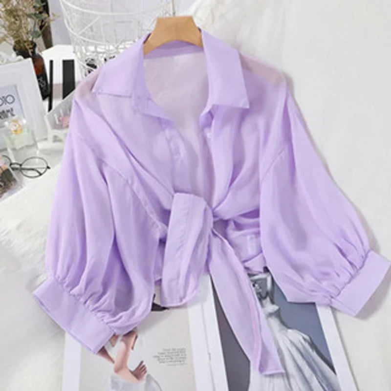 Casual Loose Hollow White Clothes Elegant Solid Color Tied Waist Blouse Women Summer Bat Half Sleeve Button Chiffon Shirt