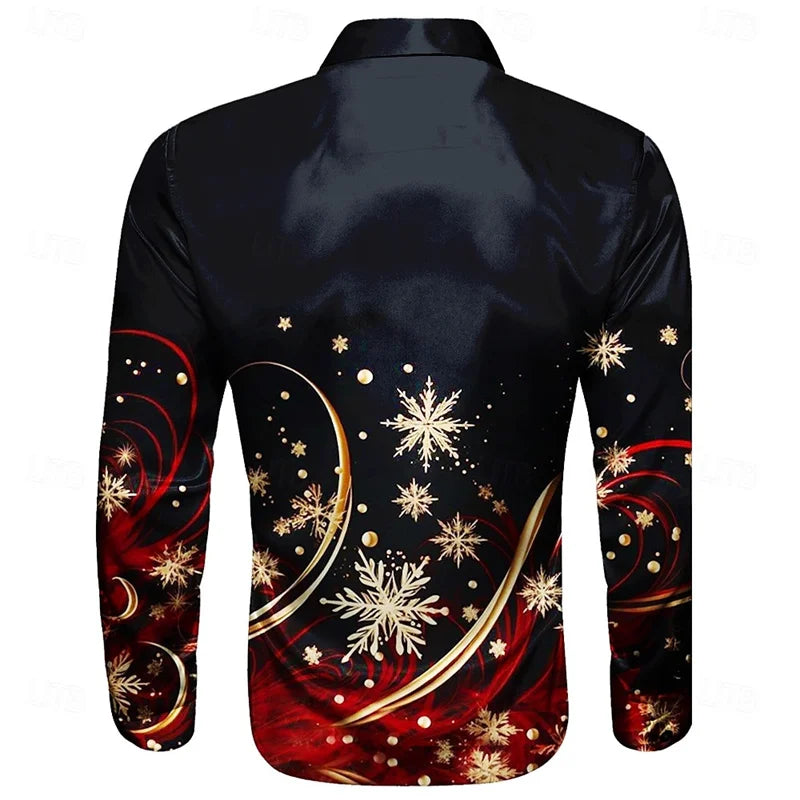 Christmas Men's Christmas Scene Printed Shirt Snowflake Casual Fashion Lapel Button Long Sleeve Party Autumn Shirt