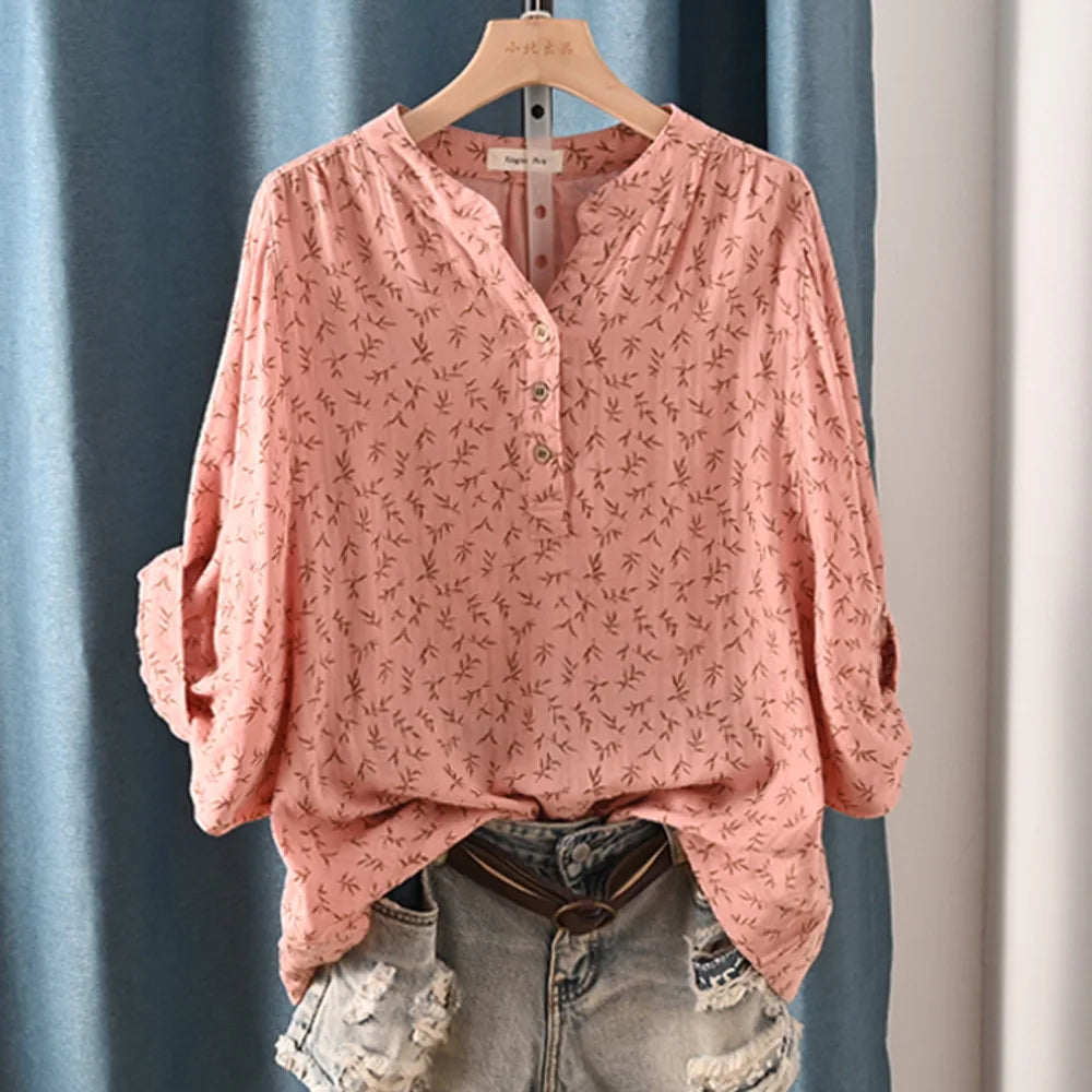 New Spring 100% Cotton Casual Shirt Women Batwing Sleeve Stand Collar Printed Top Girl OL Loose Blouses