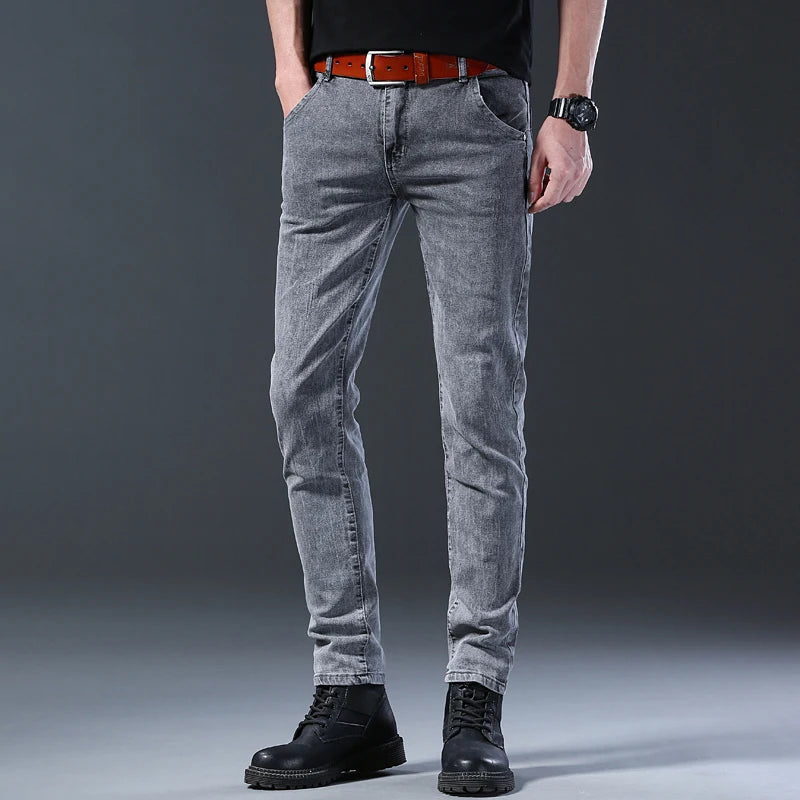 New style jeans, men's slim fit, Korean style comfortable straight leg elastic gray mid waist pants, men's casual denim pants