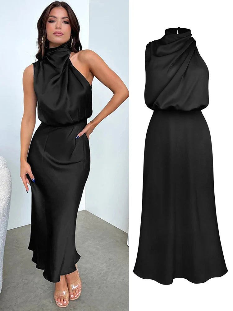 Summer High-End Silk Satin Sleeveless Long Dress Women Fashion Elegant Celebrity Dresses Evening Dress Party Clothes Ladies