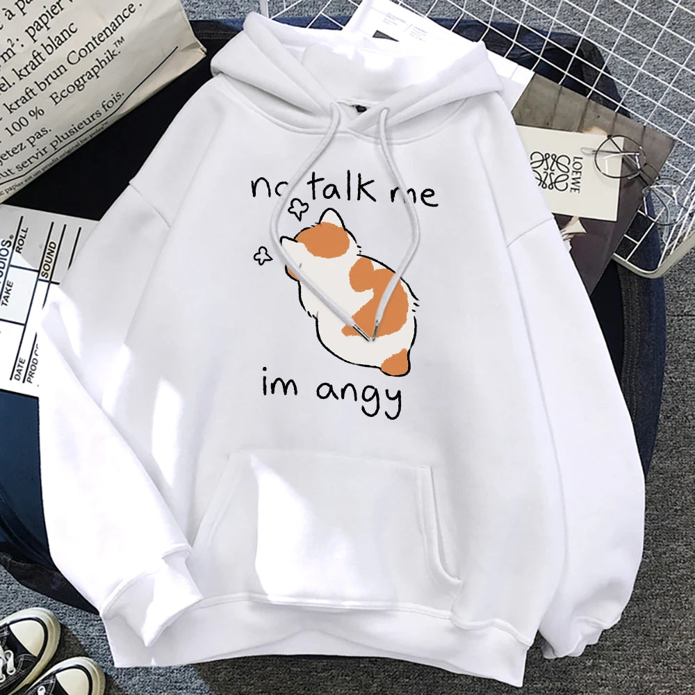 No Talk Me Cute Angry Cat Print Women Hoody Hip Hop Soft Sweatshirt Casual Fleece Sweatshirt Oversize Fleece Women Streetwear