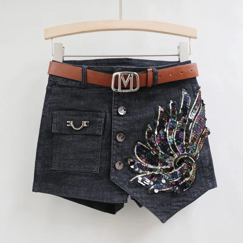 Fashion Sequin Denim Short Skirt Women Spring/Summer New Korean High Waist Slim Irregular Sexy Hot Pants White Black Casual