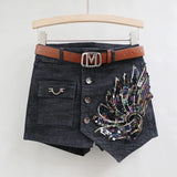 Fashion Sequin Denim Short Skirt Women Spring/Summer New Korean High Waist Slim Irregular Sexy Hot Pants White Black Casual