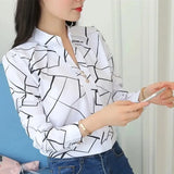 Women White Tops Blouses Fashion Stripe Print Casual Long Sleeve Office Lady OL Shirts Slim Blusas