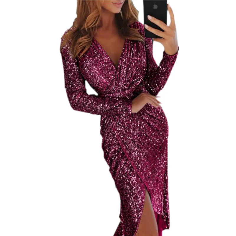 New Women's Gold Plated Long sleeved V-neck Sparkling Dress Evening Sexy Dress