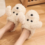 Comwarm Cute Dog Short Plush Slippers For Women Winter Warm Furry Cotton Shoes Couples Home Indoor Bedroom Cozy Slippers