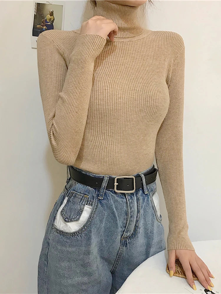 Women Autumn Winter Turtleneck Sweater Vintage Solid Basic Knitted Tops Casual Slim Pullover Korean Fashion Simple Chic Jumpers