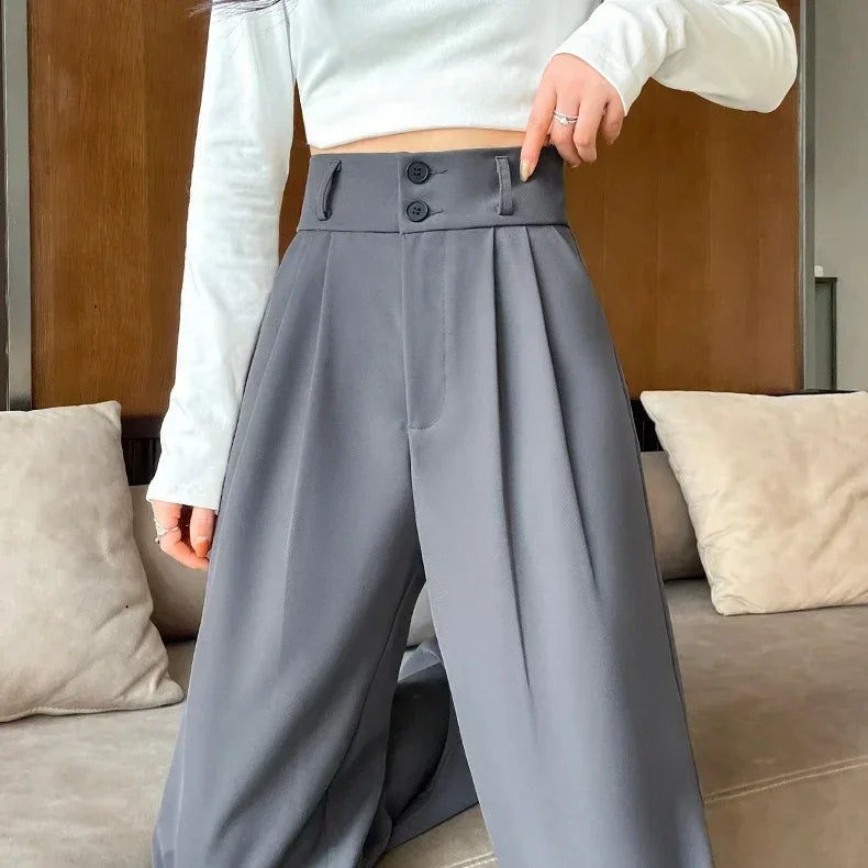 High Waist  Suit Pants Women Straight Black Korean Office Ladies Trousers Fashion Button Loose Spring Female Streetwear