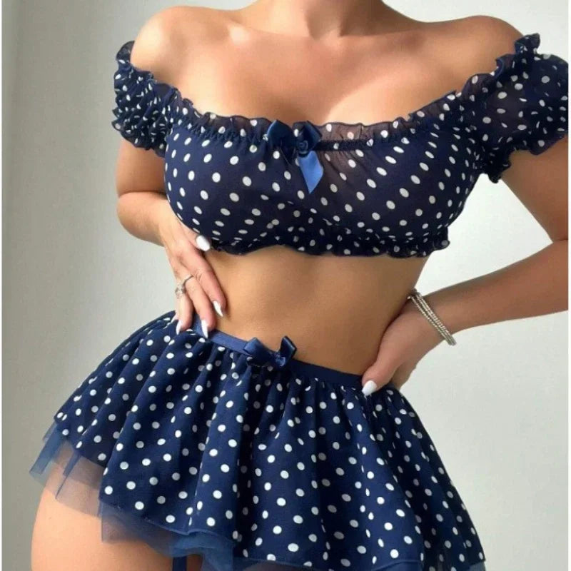 Polka Dot Shoulder Revealing Puffy Skirt 3-piece Sets Sexy Lace Top Skirt Thongs Underwear Suits Romantic Intimate Exotic Sets