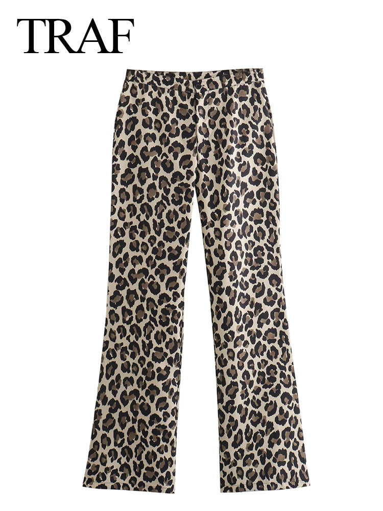 TRAF Women Vintage Leopard Printed Pant Female Spring Zipper High Waisted Full Length Casual Female Trousers Y2K Loose Pant