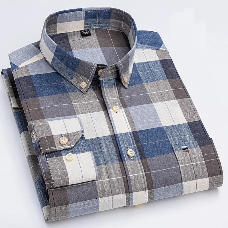 Men's 100% Cotton Shirt Long Sleeve Plaid Oxford Casual Solid Color Print Regular Fit Formal Dress Shirt