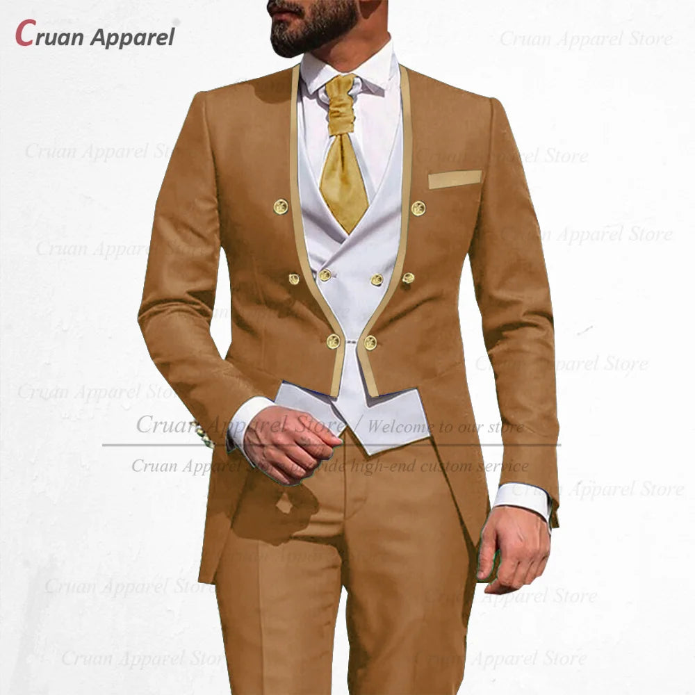 Latest Royal Blue Suit Men 3Pcs Slim Fit Wedding Best Man Groom Tuxedo Double Breasted Gold Trim Jacket Vest Pants Set Tailcoat