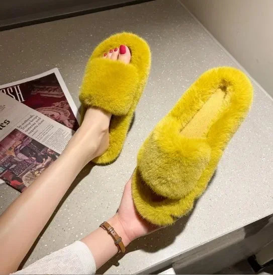 Fashion One Word Thick Fur Slippers Double Fur Slippers Casual Home Cotton Shoes for Women Flat Plush Cross Straps Slippers