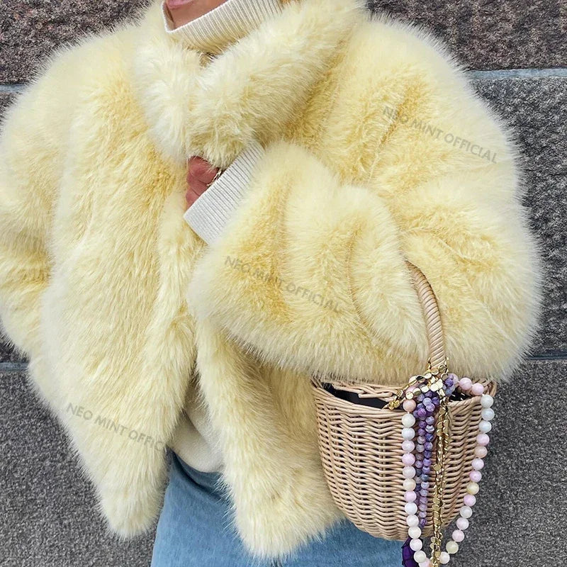 Neo Mint 2024 Winter Women Yellow Faux Fur Jacket Chic Girls Fashion Streetwear Thicken Warm Stand Collar Fox Fur Coat Outerwear