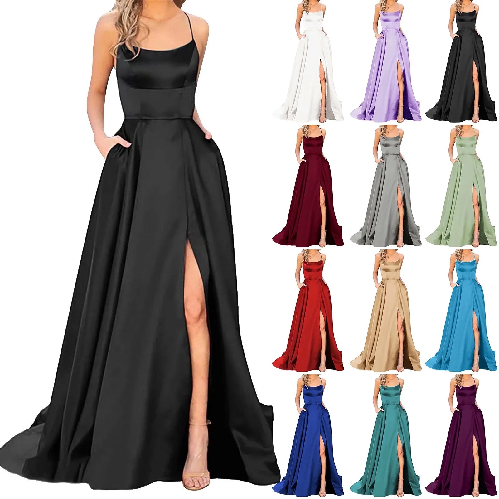 Prom Dresses Ladies Long Women Elegant Backless Long DressesCrisn Satin Spaghetti Party Prom Dress Side Slit Wedding Evening