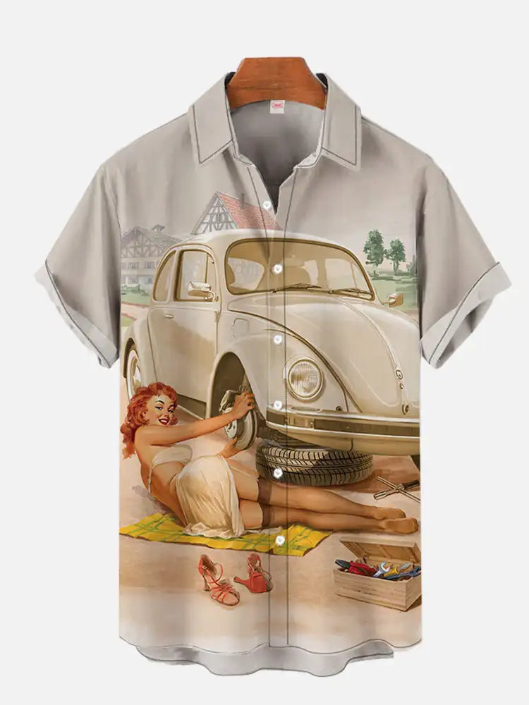 1970S-1980S Vintage Car Poster Hawaiian Beach Cowgirl Printing Short Sleeve Shirt Fashion Retro Hawaiian Shirt For Men Hrajuku