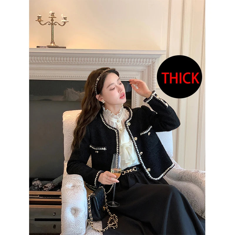 Vintage Cropped Tweed Jackets Women Elegant Black Thicken Coat Korean Single Breasted Blazer Casual Warm Short Outerwear Tops