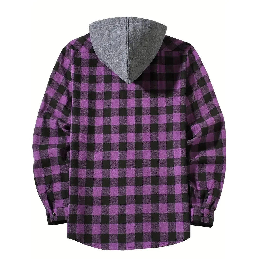 Men's Shirts Classic Plaid Casual Button Down Hooded Long Sleeved Double Pockets Shirt Hoodie Flannel Jacket Spring Autumn Tops