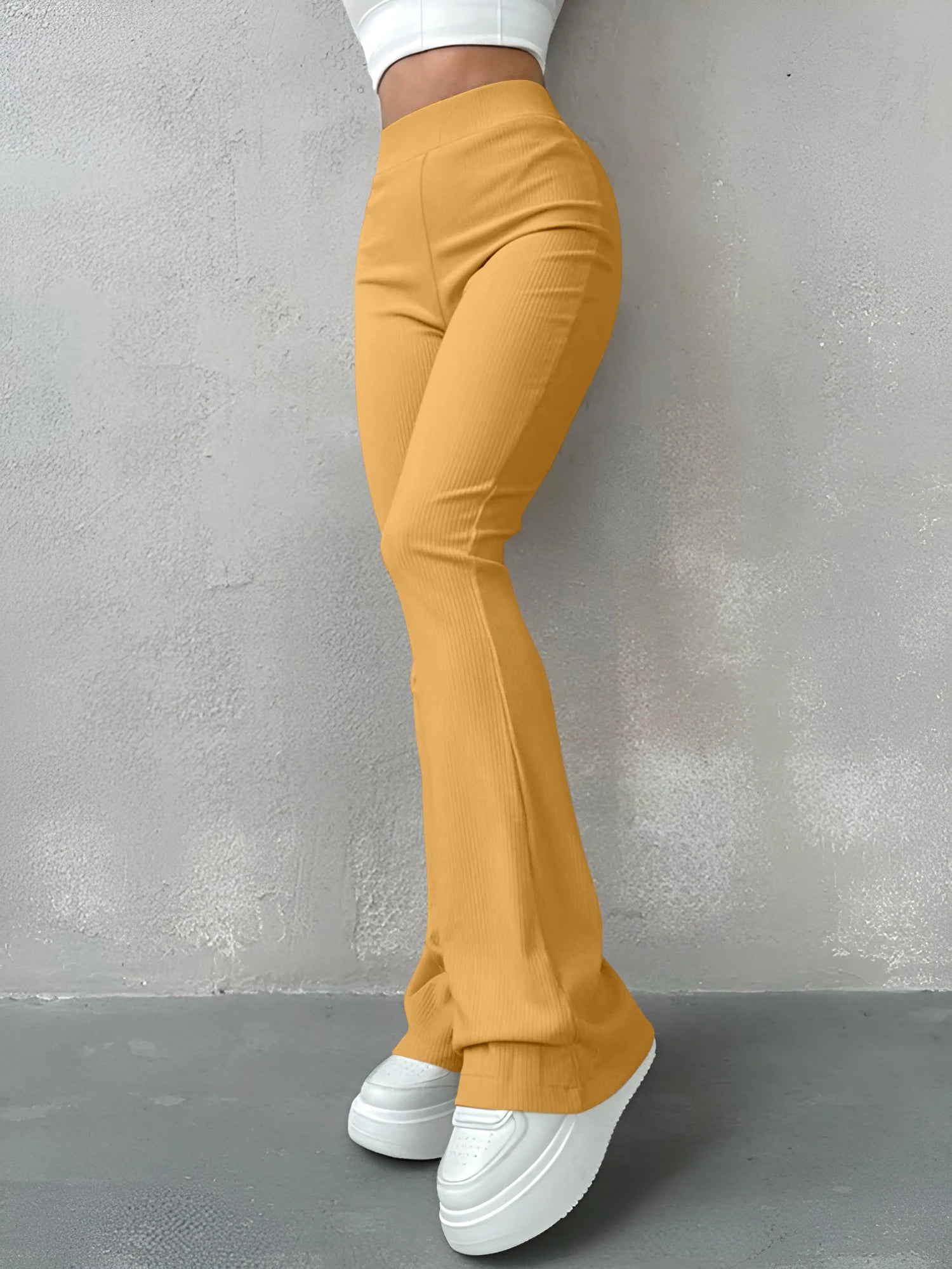 Women's Sexy Slim Pants Ribbed Solid Color Pants High Waisted Flared Pants Showing Longer Legs All-match Sports Long Pants