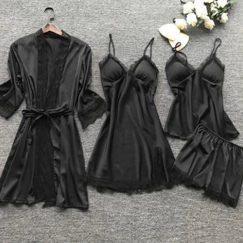 4 Pieces Women's Sexy Lace Pajamas Fashion V-Neck Gown Comfort Pajamas Pajamas Pajamas With Chest Pads Nightdress Casual Loungew