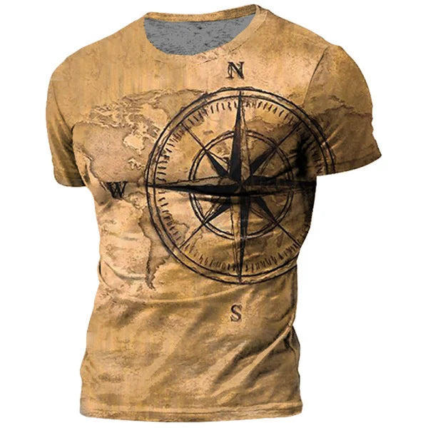 Vintage Men's T-shirt Summer American Shirt Tops Compass Printed Short-sleeve Tees Loose Daily Men Clothing Casual Streetwear