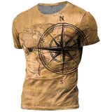 Vintage Men's T-shirt Summer American Shirt Tops Compass Printed Short-sleeve Tees Loose Daily Men Clothing Casual Streetwear