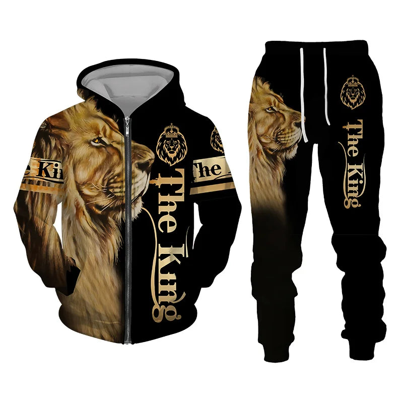 Autumn and Winter Men's Tracksuit 3D The Lion Print Zipper Hoodies Sweatshirts Pants Sets Casual Mens Clothing Women's Tracksuit