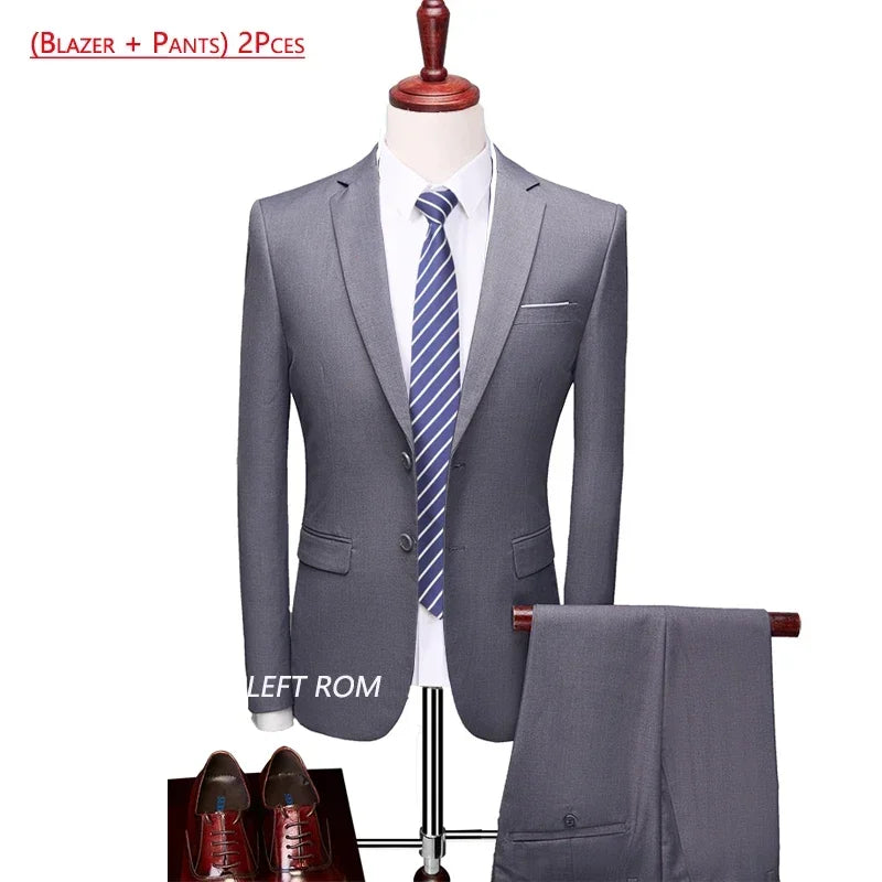 ( Jacket + Vest+Pants ) High-end Brand Formal Business Mens Suit Three-piece Groom Wedding Dress Solid Color Suit