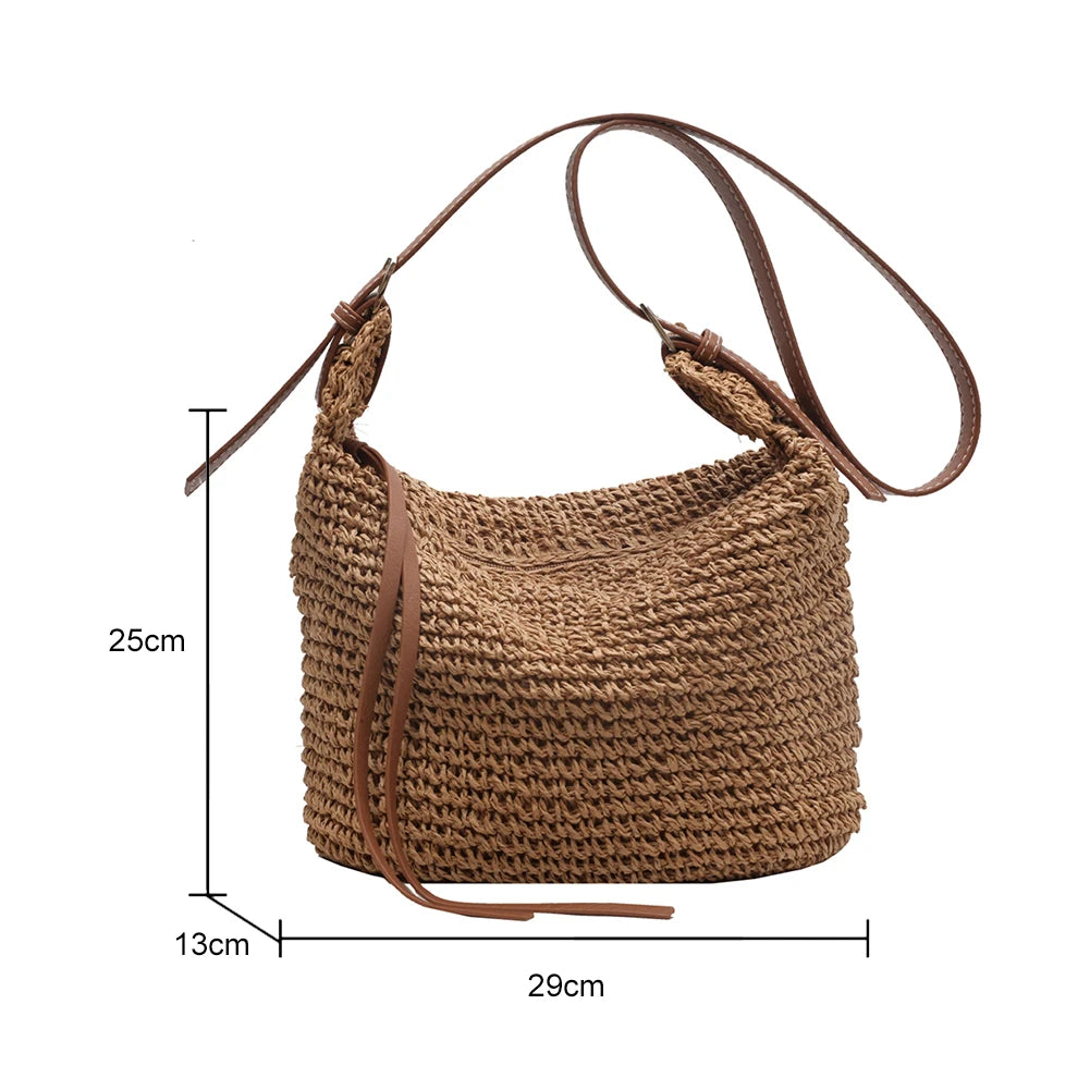 Summer Straw Women Bag Hand-Woven Handbags Handmade Raffia Beach Boho Shoulder Bag Large Tote Bag Tassel Shopping Purses