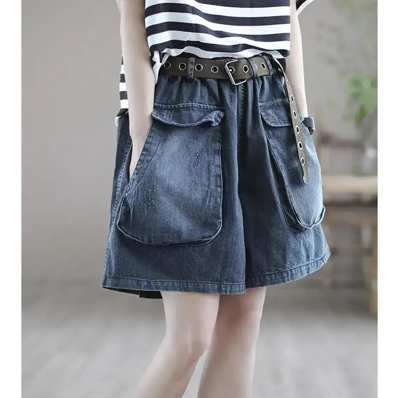 Women's Elastic Waist Sashes Solid Denim Shorts Summer New Korean Casual Fashion All-match Loose Pockets Wide Leg Trouser Skirts