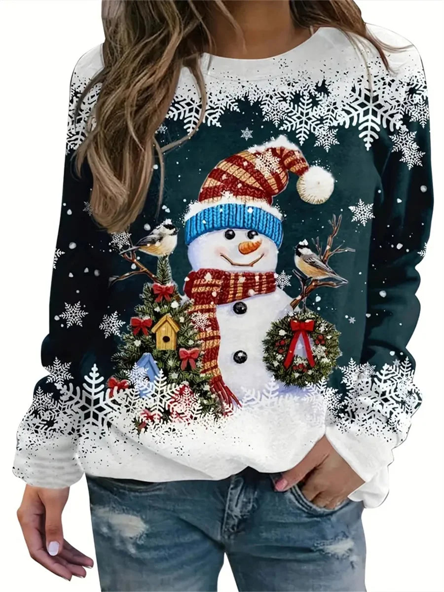 Christmas snowman print autumn and winter women's long-sleeved round neck casual pullover large size sweatshirt