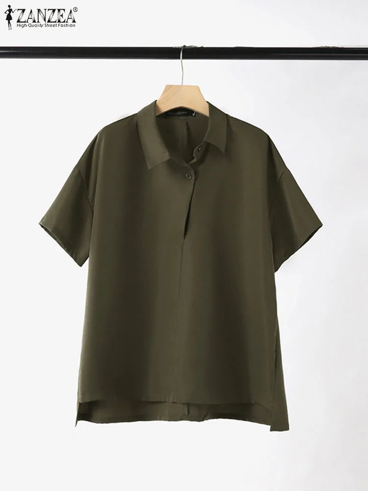 Korean Style Solid Color Shirts Women Summer Asymmetrical Lapel Neck Oversize Blouse Casual Half Sleeve Chemise Tops