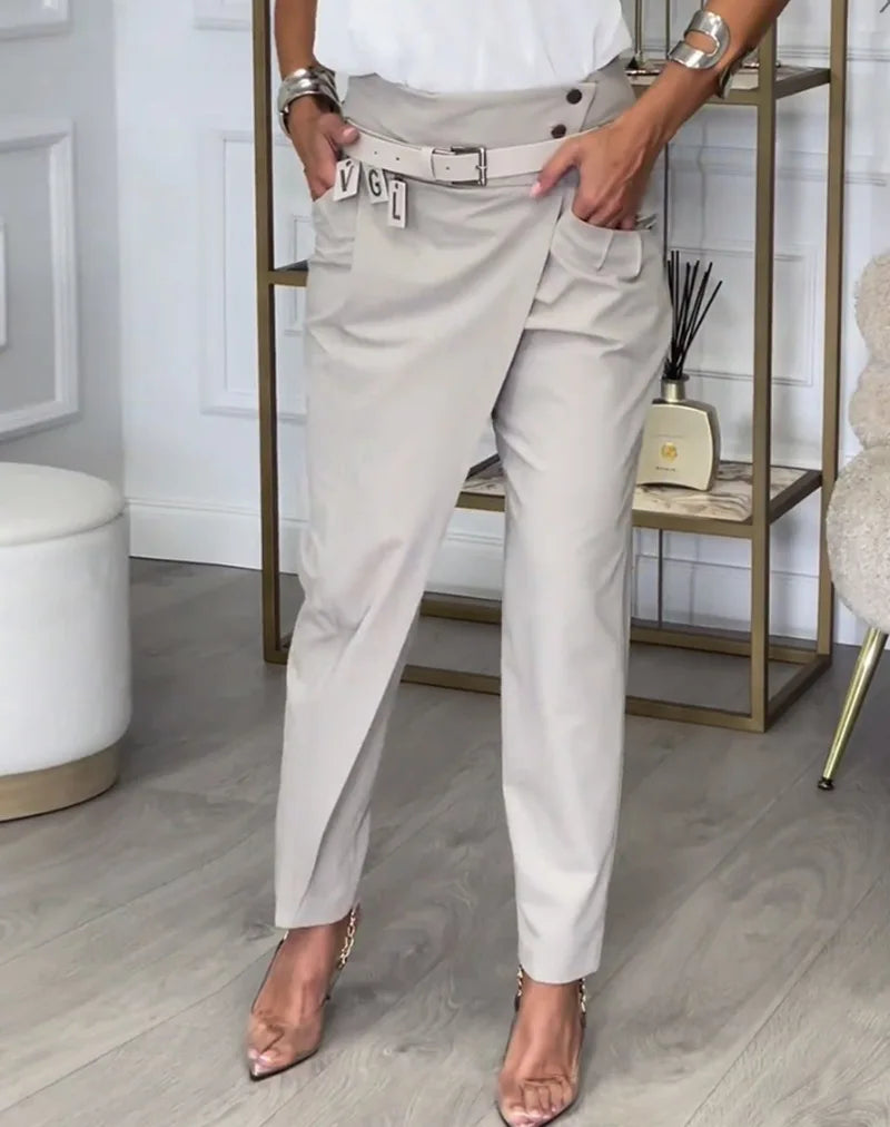 New Autumn Asymmetric High Waisted Suit Pants For Women Fashion Chic Belt Straight Pants Casua Street Trousers Lady Bottoms