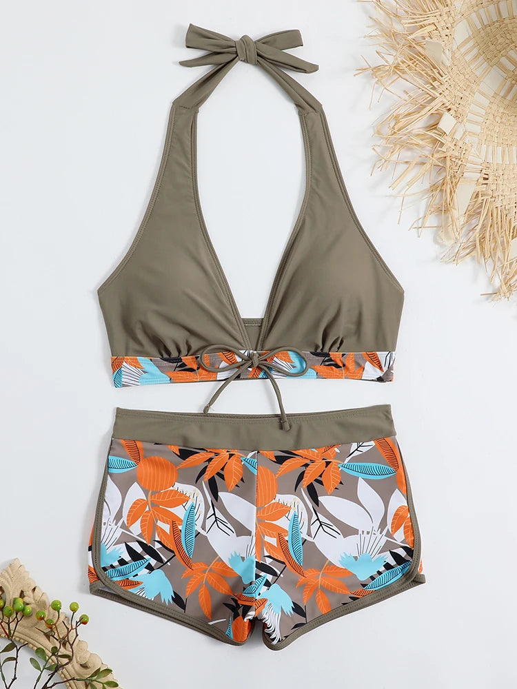 Halter Bikini Set Short Swimsuit Women High Waist Swimwear Female Printed Bathers Swimming Bathing Swim Suit Beachwear