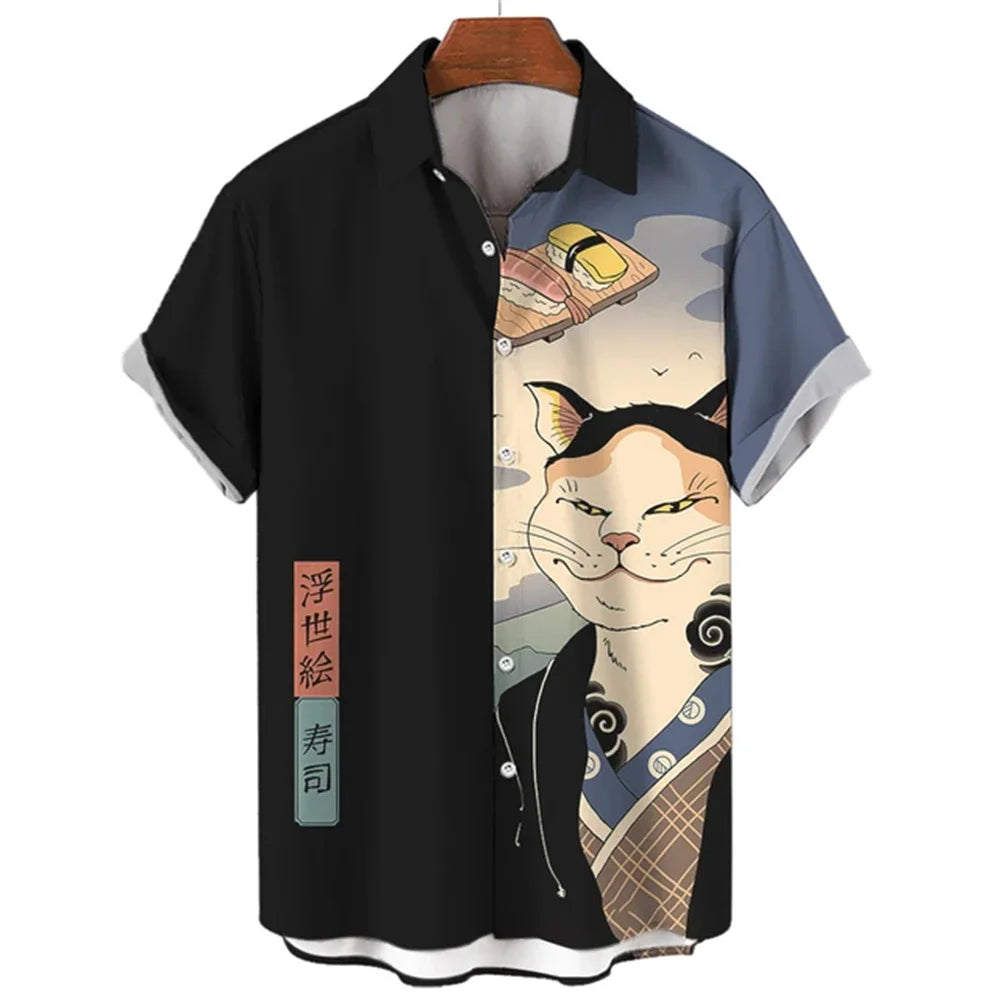 Fashion Men's Clothing Cool Samurai Cat Tops Summer New Men's Clothing Casual Short-Sleeved Anime Loose Blouse Hawaiian Shirts