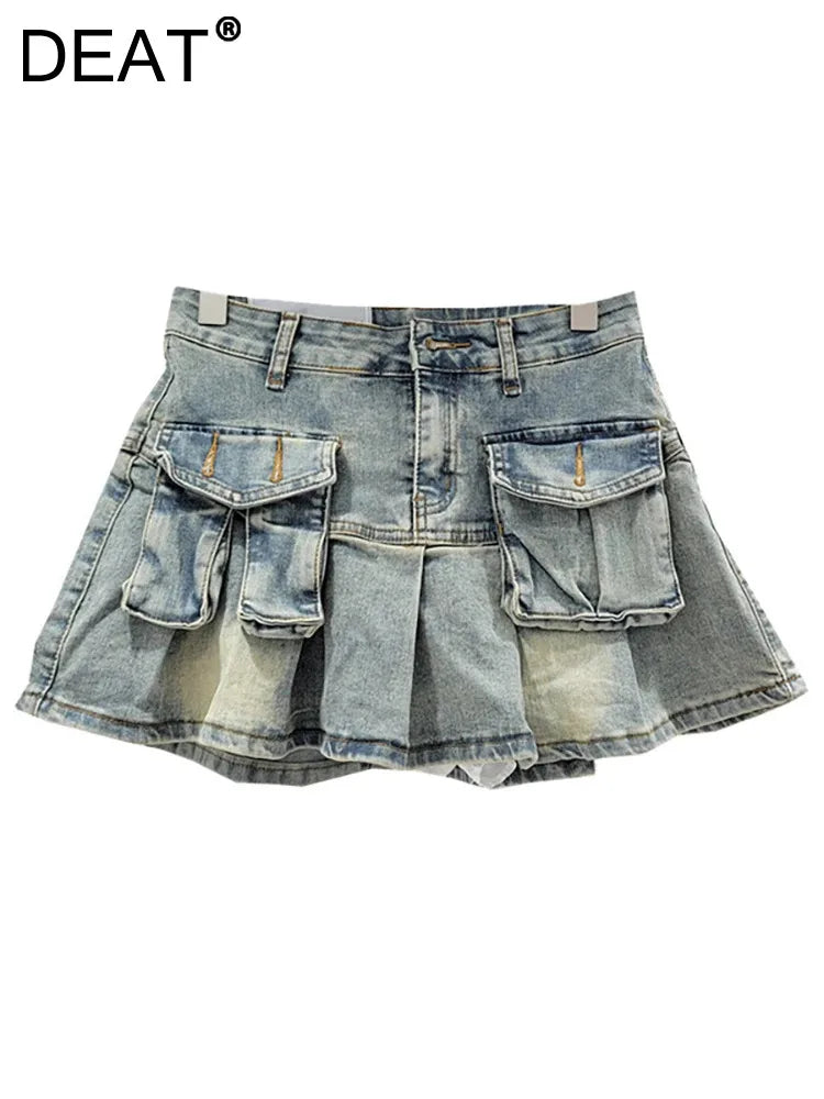 DEAT Women's Denim Skirts Patchwork Asymmetric Pockets Pleated A-line Short Cargo Miniskirt Autumn New Fashion