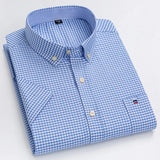 100% Cotton Men Oxford Shirt Short Sleeve Summer Plaid Striped Male Clothes Business Regular Fit Dress Shirt Oversized