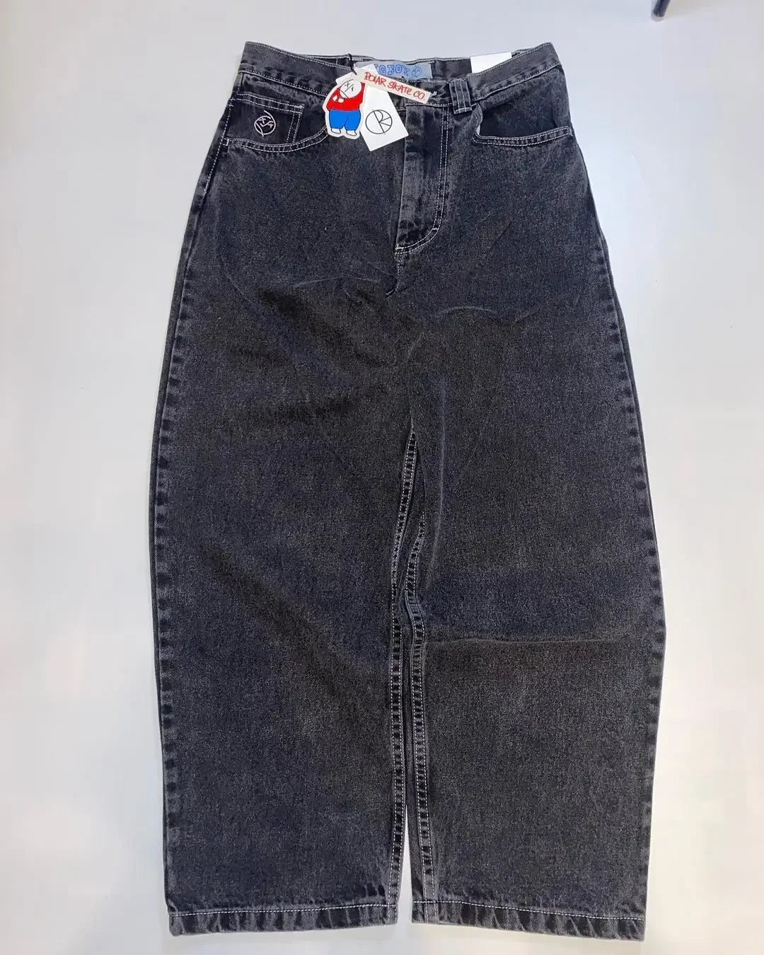 Y2K trendy retro classic pocket skull pattern straight denim trousers summer American Gothic washed wide-leg denim loose pants