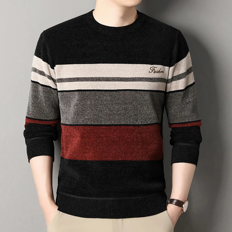 Mens Chenille Sweaters Fashion Knitting Pullover Striped Men's Autumn Winter Top Clothes Round Neck Knitted Sweaters