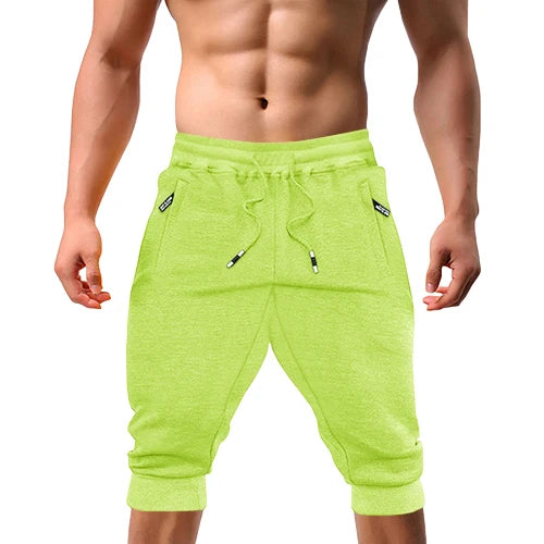 Casual Shorts 3/4 Jogger Capri Pants Men's Breathable Below Knee Outdoor Sports Gym Fitness Shorts with Zipper Pockets