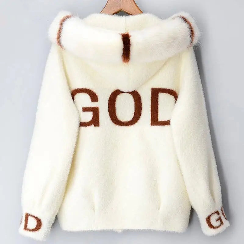 Winter gold letter imitation mink fur sweater cardigan jacket winter clothes women short thick and loose hooded jacket coat