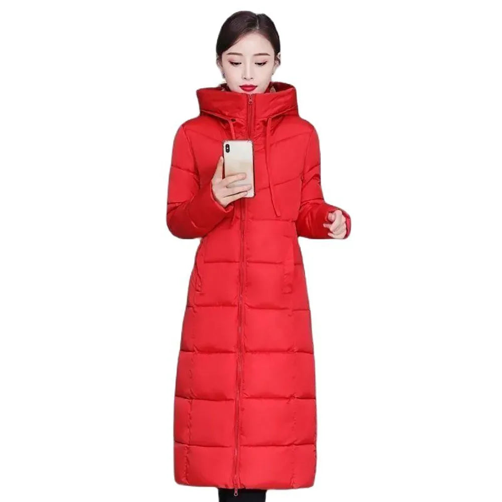 Winter 2024 New Down Cotton-Padded Jacket Long Loose Fashion Coat Thickened Outerwear Warm Zipper Hooded  Solid Color Overcoat