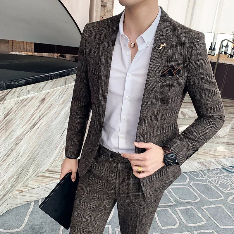 ( Blazer + Pants ) High-end Brand Formal Business Plaid Mens Suit Groom Wedding Dress Solid Color Stage Performance Tuxedo