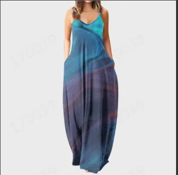 2024 Summer New Women's Minimalist Korean Spliced Sling Elegant Chic Printed Loose Sleeveless Comfortable Casual Long Dress