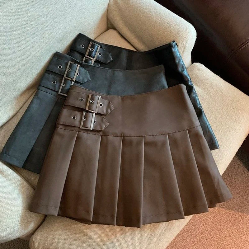 Leather Mini Skirts Women Streetwear High Waist Pleated Skirt Vintage Korean Black Slim Casual A Line Skirts